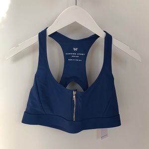 Sport Heroine Zipped Bra in True Blue with open back keyhole